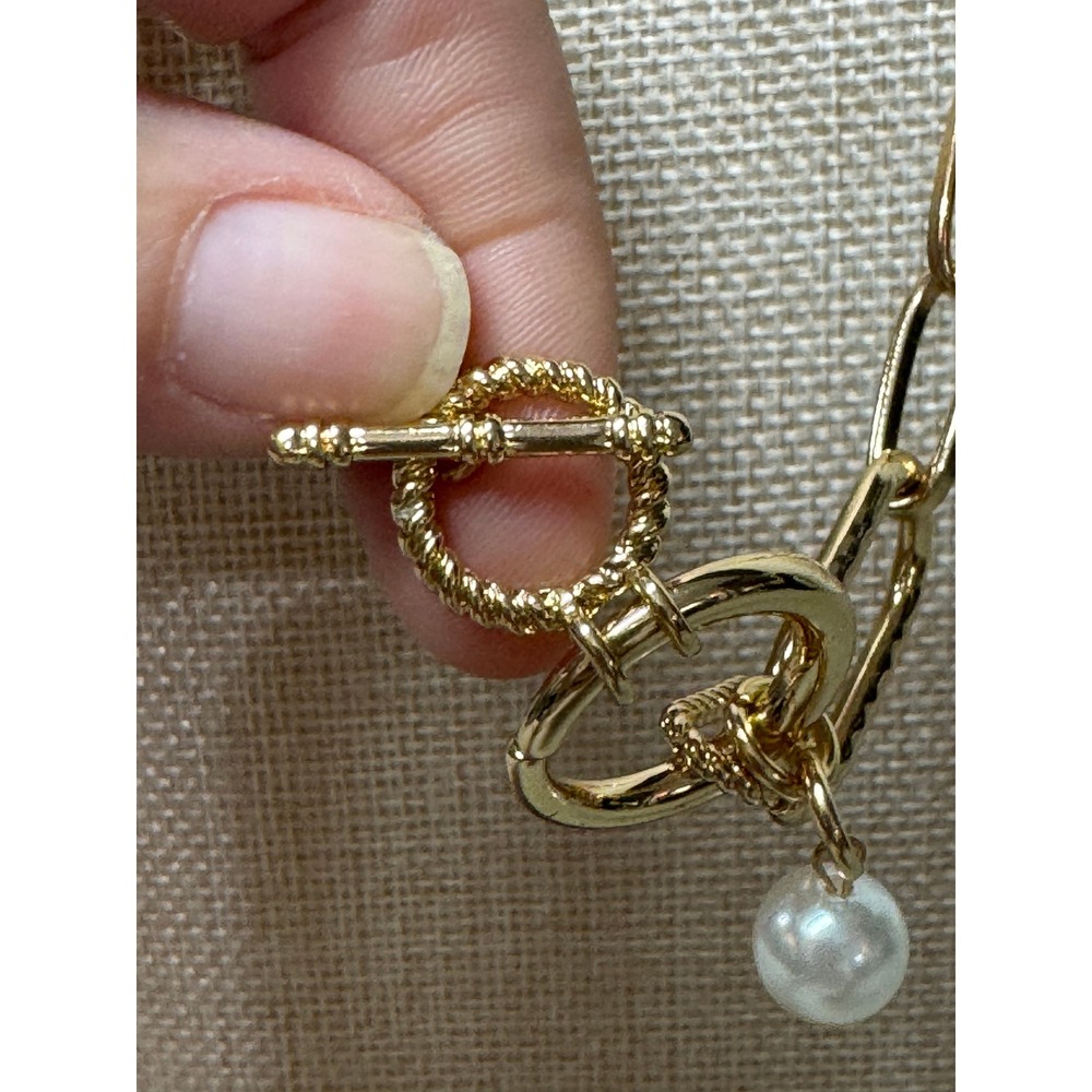 Gold Paperclip Chain Necklace Faux Pearl Toggle Statement Layering Chic Resort - Picture 3 of 9